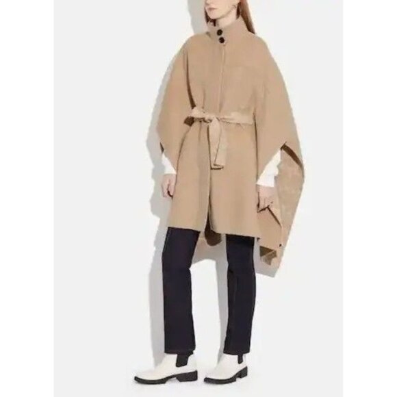 New Coach Double Faced Wool Cape Coat Medium Large Beige $995 - Picture 1 of 13
